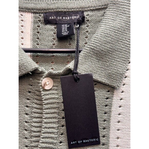 Art of Rhetoric Men’s Green Knit Polo Shirt M Cotton Blend Retro Striped Button - Picture 7 of 10